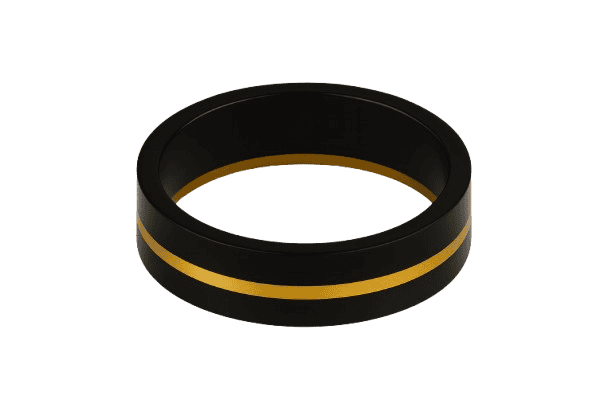 Black anodized winding check with gold trim line – K-Labs Custom Rod Building