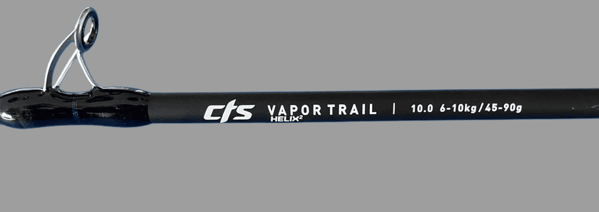 Close-up of K-Labs surf rods NZ blank branding and guide detail on custom surfcasting rod